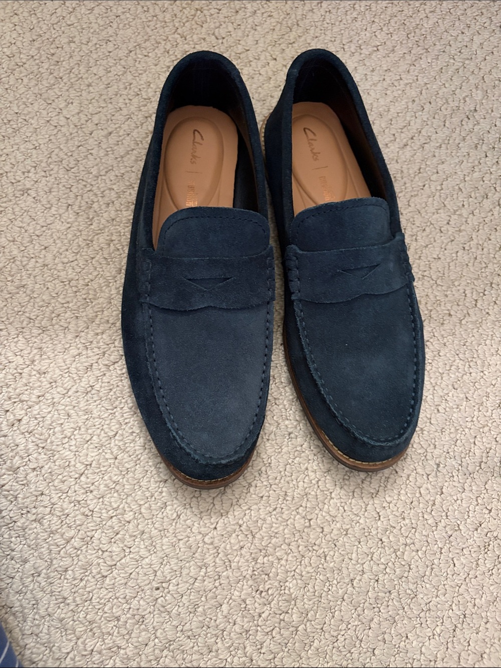 Clarks Navy Suede Slip-On Penny Loafers